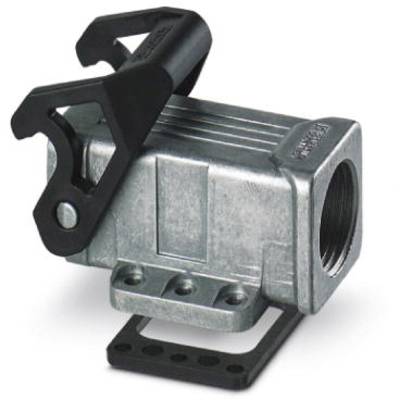 Prostokątne metalowe złącze z czarną dźwignią, które jest częścią urządzenia mechanicznego, prawdopodobnie służącego do łączenia rur.
