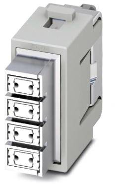 Szary modularny złącz wtykowy z czterema prostokątnymi przyłączami, nadający się do integracji w szafach elektrycznych.