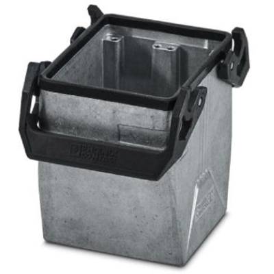 Prostokątny pojemnik metalowy z czarnymi uchwytami z tworzywa sztucznego.