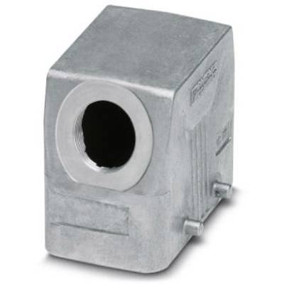 Szara metalowa obudowa do instalacji elektrycznych, prostopadłościenna, z bocznym przyłączem gwintowym do dławnic kablowych.