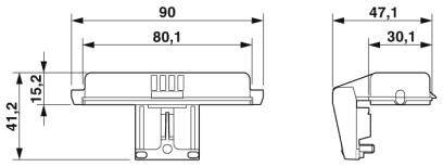 Rysunek techniczny prostokątnego elementu z wymiarami: szerokość 90 mm, głębokość 47,1 mm, wysokość 41,2 mm. Szczegóły: otwory od spodu.