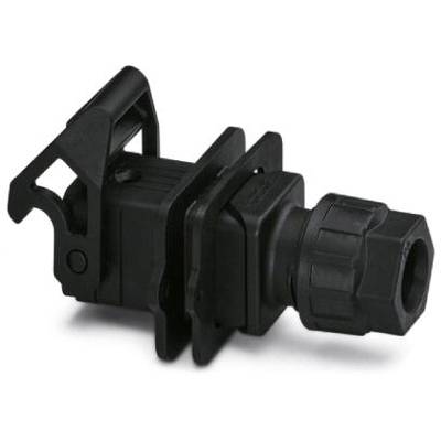 Czarny adapter złączki kablowej z mechanizmem mocowania, przeznaczony do bezpiecznego połączenia kabli w urządzeniach elektrycznych.