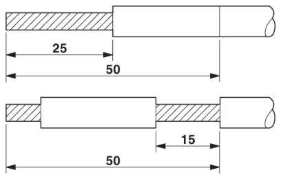Dwie techniczne rysunki cylindrycznego obiektu z wymiarami 25, 50 i 15 jednostek. Przedstawiają proporcje długości.