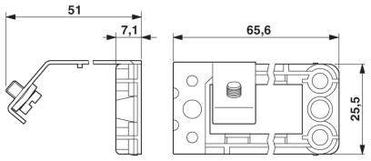 Rysunek techniczny złącza elektrycznego z wymiarami: długość 51 mm, szerokość 65,6 mm, wysokość 25,5 mm.