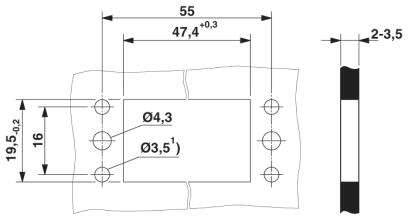 Rysunek techniczny prostokątnej części z wpisanymi wymiarami, otworami i przekrojem. Kluczowe wymiary: 55 x 19,5 mm, średnica otworów Ø4,3 oraz Ø3,5 mm.