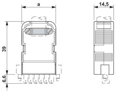 Rysunek techniczny złącza z wymiarowaniem: szerokość 14,5 mm, wysokość 39 mm, głębokość 6,6 mm, odległość 'a' zmienna.