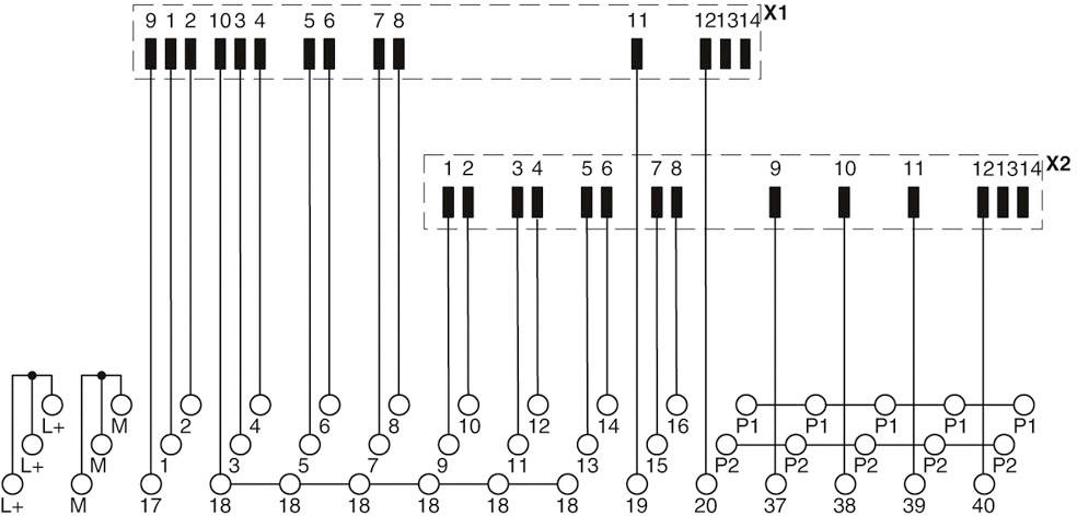 Schemat elektryczny przedstawia okablowanie między dwoma punktami przyłączeniowymi X1 i X2. Ponumerowane przewody łączą różne komponenty.