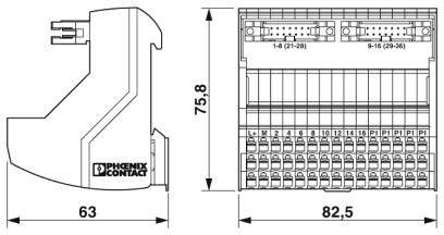 Rysunek techniczny elektrycznego modułu ochronnego firmy Phoenix Contact z wymiarami: wysokość 75,8 mm, długość 82,5 mm, szerokość 63 mm.