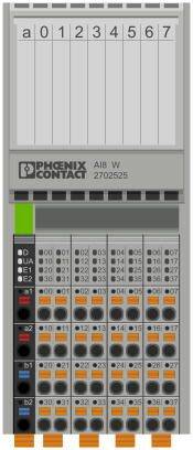 'Ilustracja modułu Phoenix Contact AI8 W 2702525 z ośmioma numerowanymi złączami i wskaźnikiem LED do kontroli sygnału'