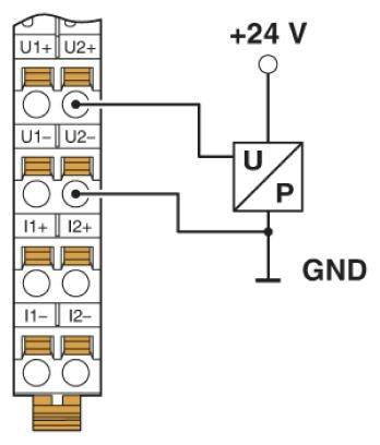 Diagram elektrycznego obwodu: Po lewej blok terminalowy z sześcioma zaciskami. Po prawej: napięcie (U) i moc (P) przy +24 V i GND.