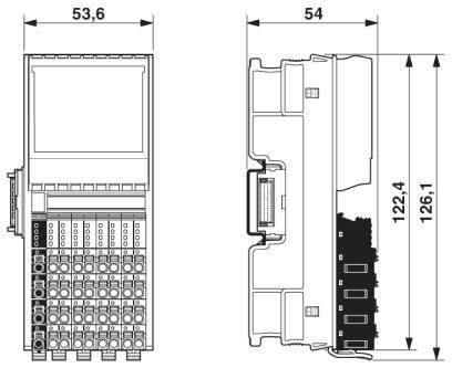 'Rysunek modułu elektronicznego z wymiarami: szerokość 53,6 mm w porównaniu z 54 mm oraz wysokość od 122,4 mm do 126,1 mm.'