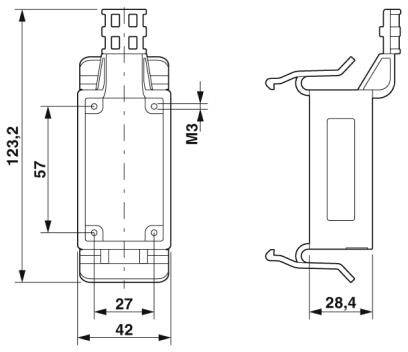 Rysunek techniczny prostokątnego elementu o wymiarach 123,2 mm x 42 mm x 28,4 mm z oznaczonymi otworami na śruby.