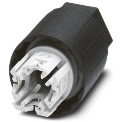 Czarny, cylindryczny wtyk elektryczny z białymi stykami wewnętrznymi, stosowany do połączeń kablowych w zastosowaniach technicznych.