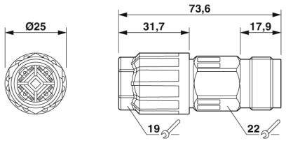 Rysunek techniczny cylindrycznego złącza wtykowego z wymiarami: długość 73,6 mm, średnica 25 mm; szerokość klucza 19, 22 mm.