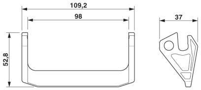 Rysunek techniczny elementu o następujących wymiarach: szerokość 109,2 mm, szerokość wewnętrzna 98 mm, wysokość 52,8 mm, szerokość widoku bocznego 37 mm.