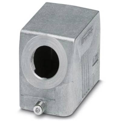 Prostokątna, metalowa obudowa z cylindrycznym otworem i gwintem, prawdopodobnie element łączący przewody.
