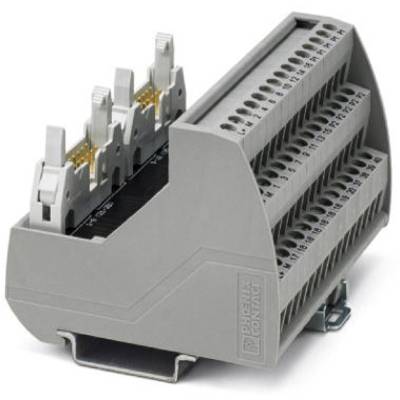 Szara listwa zaciskowa z wieloma złączami i dźwigniami, oznaczona rzędami cyfr do łączenia i dystrybucji przewodów elektrycznych.