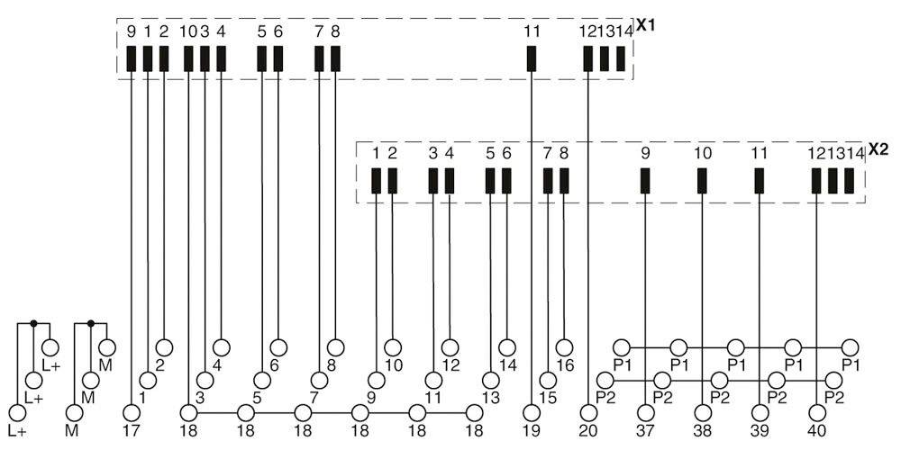 'Schemat połączeń: przedstawia połączenia między rzędami pinów 1-13 oraz X1/X2. Linie łączą okręgi z numerami 1-20, oznaczone są numery 17-40.'