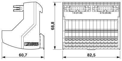 Rysunek techniczny elektrycznego złącza. Widok boczny i czołowy z wymiarami w milimetrach.