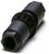 Czarny, cylindryczny złącz kablowy z tworzywa sztucznego z prążkowanymi powierzchniami. Odpowiedni do podłączania kabli.