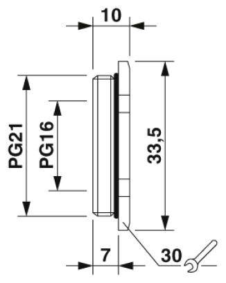 Rysunek techniczny elementu w profilu z wymiarami: wysokość 33,5 mm, szerokość 10 mm, głębokość 7 mm, PG21 16 mm, PG16 21 mm.