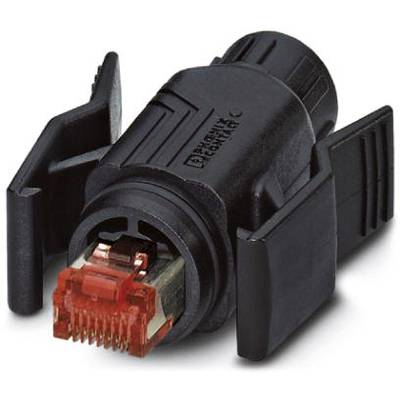 Czarny wtyk Ethernet z czerwonym złączem i bocznymi skrzydełkami do użycia narzędziowego.