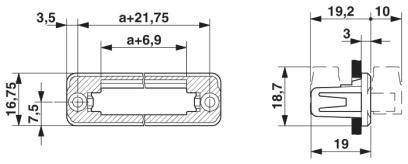 Rysunek techniczny prostokątnego gniazda elektrycznego z wymiarami: szerokość 21,75 mm, wysokość 16,75 mm, głębokość montażu 18,7 mm. Widok boczny i czołowy, przedstawiono wymiary instalacyjne.
