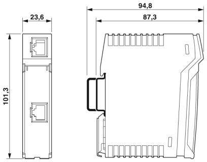 Rysunek techniczny prostokątnego modułu o wymiarach: szerokość 94,8 mm, wysokość 101,3 mm, głębokość 23,6 mm, przedstawiający dwa złącza RJ45.