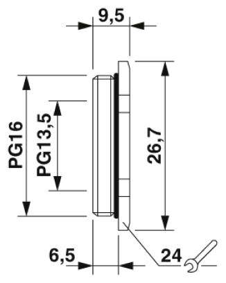 Rysunek techniczny urządzenia z wymiarami: szerokość 9,5 mm, wysokość 26,7 mm, głębokość 6,5 mm. Oznaczenia: 'PG16', 'PG13,5', '24'.
