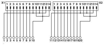 Schemat połączeń przedstawia dwa złącza X1 i X2 z numerowanymi stykami, X1: 1-10, X2: 11-20, oraz połączenia z górnymi bolcami stykowymi 1-14.