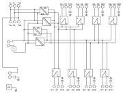 Schemat elektryczny z wieloma przełącznikami, połączeniami i symbolami przedstawiającymi prądy elektryczne oraz ich przepływ przez sieć obwodów elektrycznych.