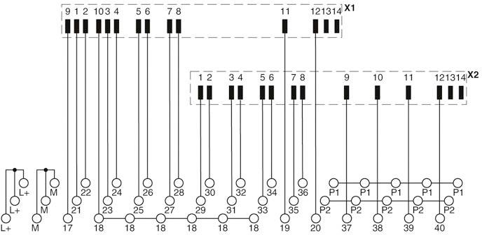 Schemat połączeń przedstawia okablowanie między dwoma głównymi blokami zacisków X1 i X2 z numerowanymi zaciskami od 9 do 14 oraz od 1 do 14.