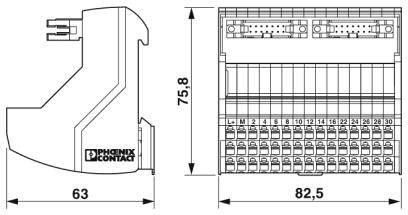 Rysunek złącza elektrycznego firmy Phoenix Contact. Wymiary: wysokość 75,8 mm, szerokość 82,5 mm, głębokość 63 mm. Widocznych 30 numerowanych zacisków.