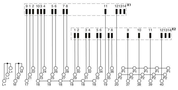 Schemat elektryczny przedstawia dwa główne złącza (X1, X2) z ponumerowanymi przewodami (1-40). Przewody prowadzą do różnych punktów (P1, P2).