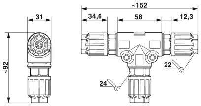 Rysunek techniczny trójnika z wymiarami: długość ~152 mm, długość pionowa ~92 mm, odcinki poziome 34,6 mm i 58 mm.