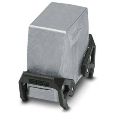 Metalowy element z czarnym mechanizmem mocującym, o prostokątnym kształcie. Prawdopodobnie wtyczka elektryczna lub obudowa.