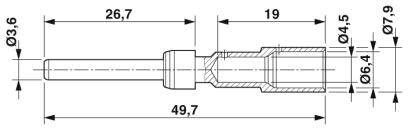 Rysunek techniczny wtyczki z podanymi wymiarami: długość całkowita 49,7 mm, średnica od 3,6 mm do 7,9 mm.