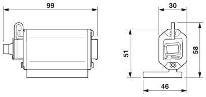 Rysunek techniczny silnika z wymiarami: długość 99 mm, szerokość 46 mm, wysokość 58 mm. Przedstawiono widok z boku i widok czołowy.