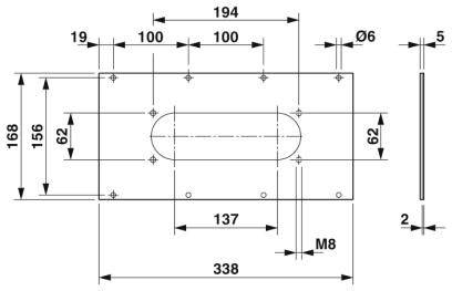 Rysunek techniczny prostokątnego elementu z wymiarami. Szczegółowo przedstawiono otwory z ich średnicami, odległościami między otworami oraz ich pozycjami.