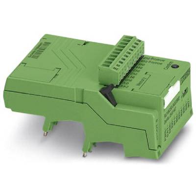 Zielona elektroniczna moduł z wieloma złączami i oznakowaniami, stosowany w przemysłowych systemach automatyzacji.