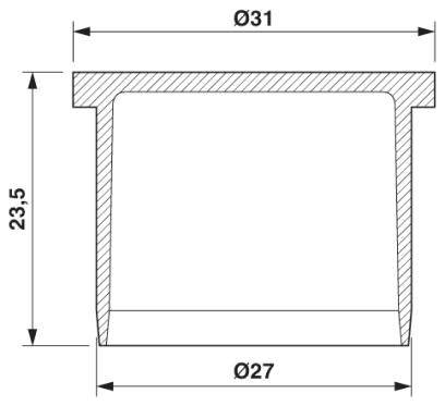 Rysunek techniczny części cylindrycznej w przekroju: górna szerokość 31 mm, dolna szerokość 27 mm, wysokość 23,5 mm.