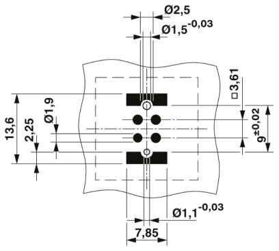 Rysunek techniczny przedstawia wzór otworów z dokładnymi wymiarami w milimetrach. Szczegóły obejmują średnice otworów i odległości między nimi.