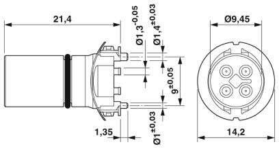 Rysunek techniczny cylindrycznego złącza elektrycznego z wymiarami i przekrojem poprzecznym, przedstawiający rozmieszczenie styków.