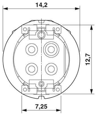 Rysunek techniczny okrągłego złącza z czterema stykami. Wymiary: 14,2 mm szerokości, 12,7 mm wysokości, 7,25 mm odległości wewnętrznej.