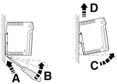 Diagram przedstawia, jak usunąć bezpiecznik za pomocą śrubokręta. Strzałki wskazują kroki od A do D dotyczące bezpiecznego wyjęcia.