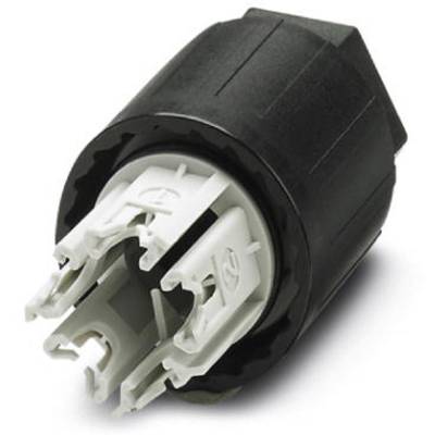Czarno-biały złącz, prawdopodobnie element elektryczny, o okrągłym kształcie i wielu punktach przyłączeniowych.