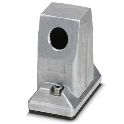 Metalowy uchwyt wykonany z srebrnego materiału z dużym, okrągłym otworem pośrodku, zamocowany na stabilnej podstawie.