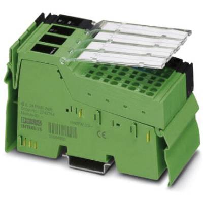 Zielony elektryczny moduł na szynę DIN, prawdopodobnie blok zaciskowy, z przezroczystą pokrywą i wieloma punktami przyłączeniowymi.