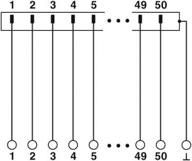 Schemat elektryczny z ponumerowanymi punktami stykowymi od 1 do 5 oraz od 49 do 50, połączonymi przewodami, przedstawiający wzór połączeń.