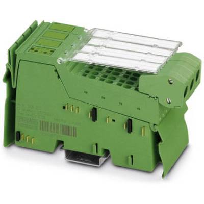 Zielony element elektryczny z wieloma gniazdami i przezroczystymi osłonami, odpowiedni do instalacji w szafach sterowniczych.